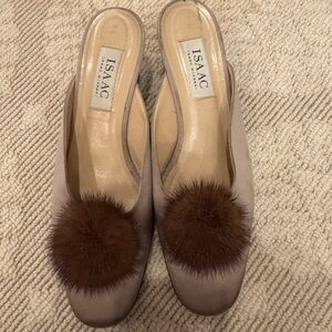 Isaac Mizrahi Tan Mules with Brown Fur Pom-Pom